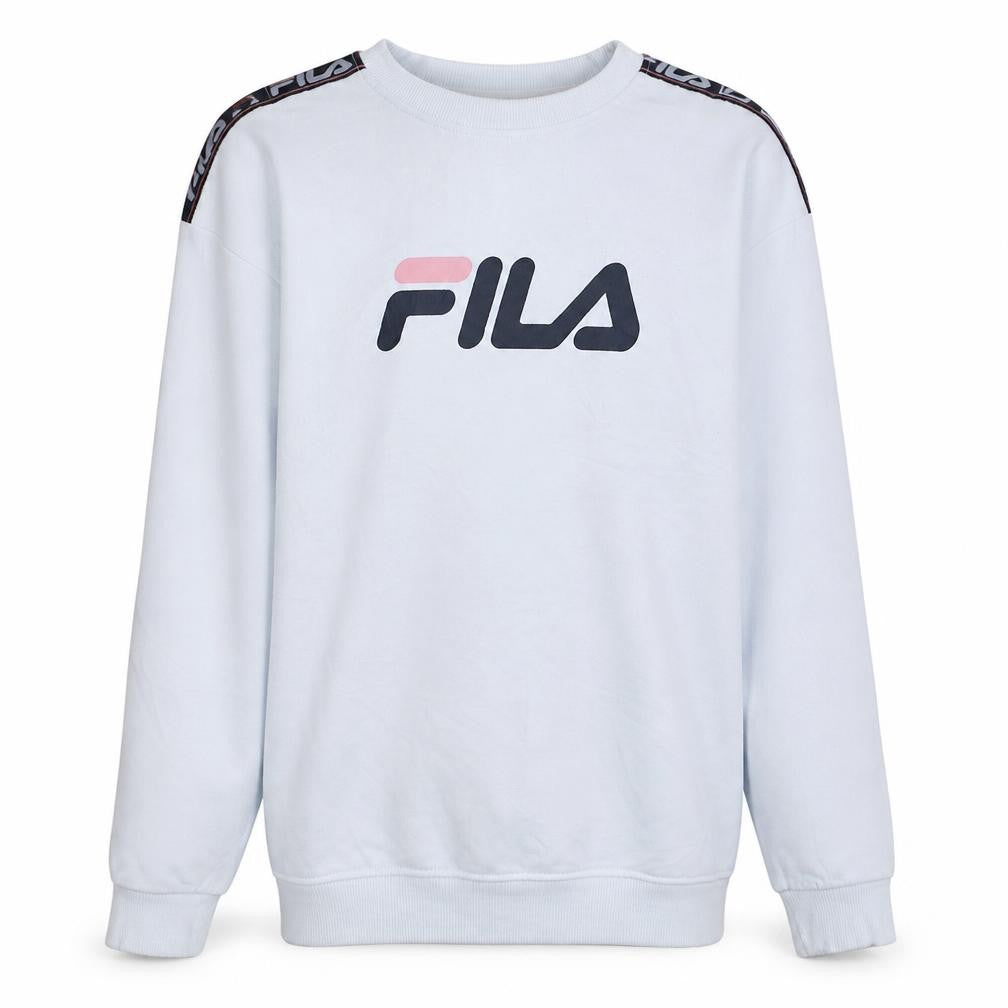Front view of Fila men’s white crew neck logo sweatshirt, size S