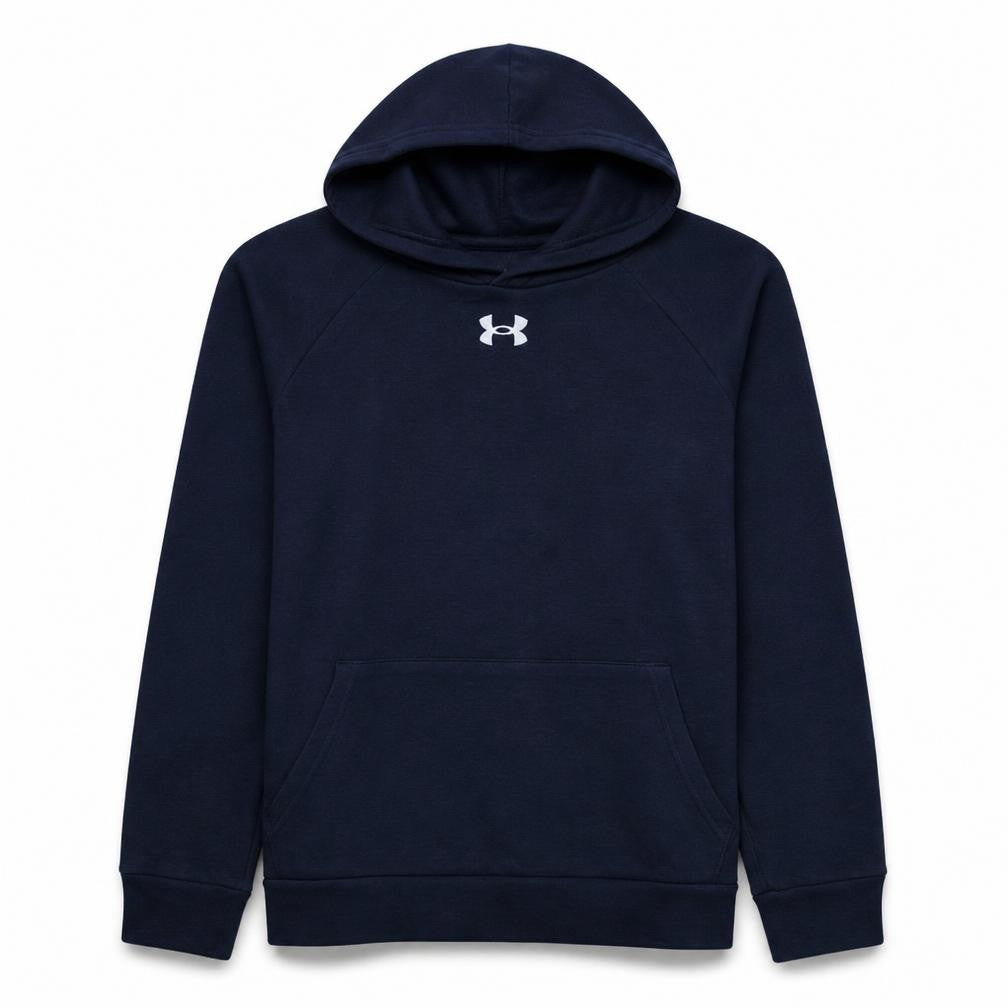 Front view of Under Armour boys’ blue pullover hoodie fleece logo 158cm