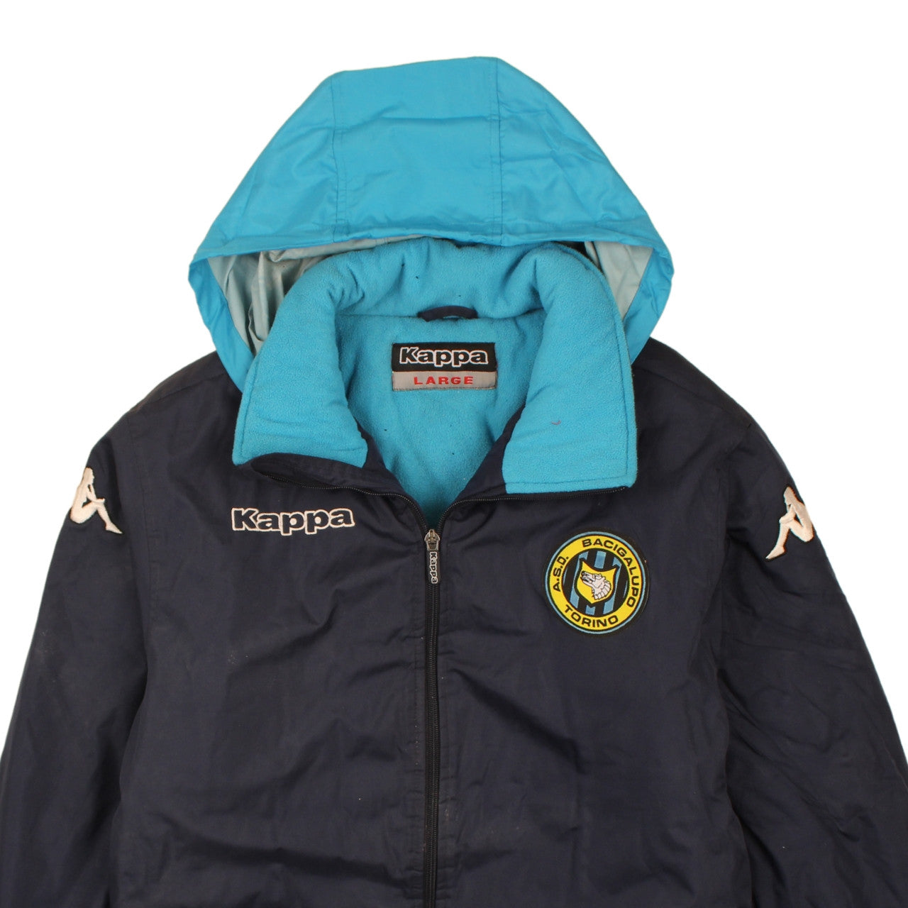 Kappa Men's Blue Hooded Puffer Jacket L Football Sports Outerwear