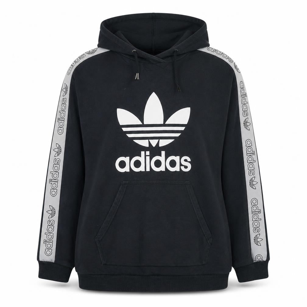 Front view of Adidas Women Black Hooded Pullover Hoodie UK 16 with Logo Tape Detail