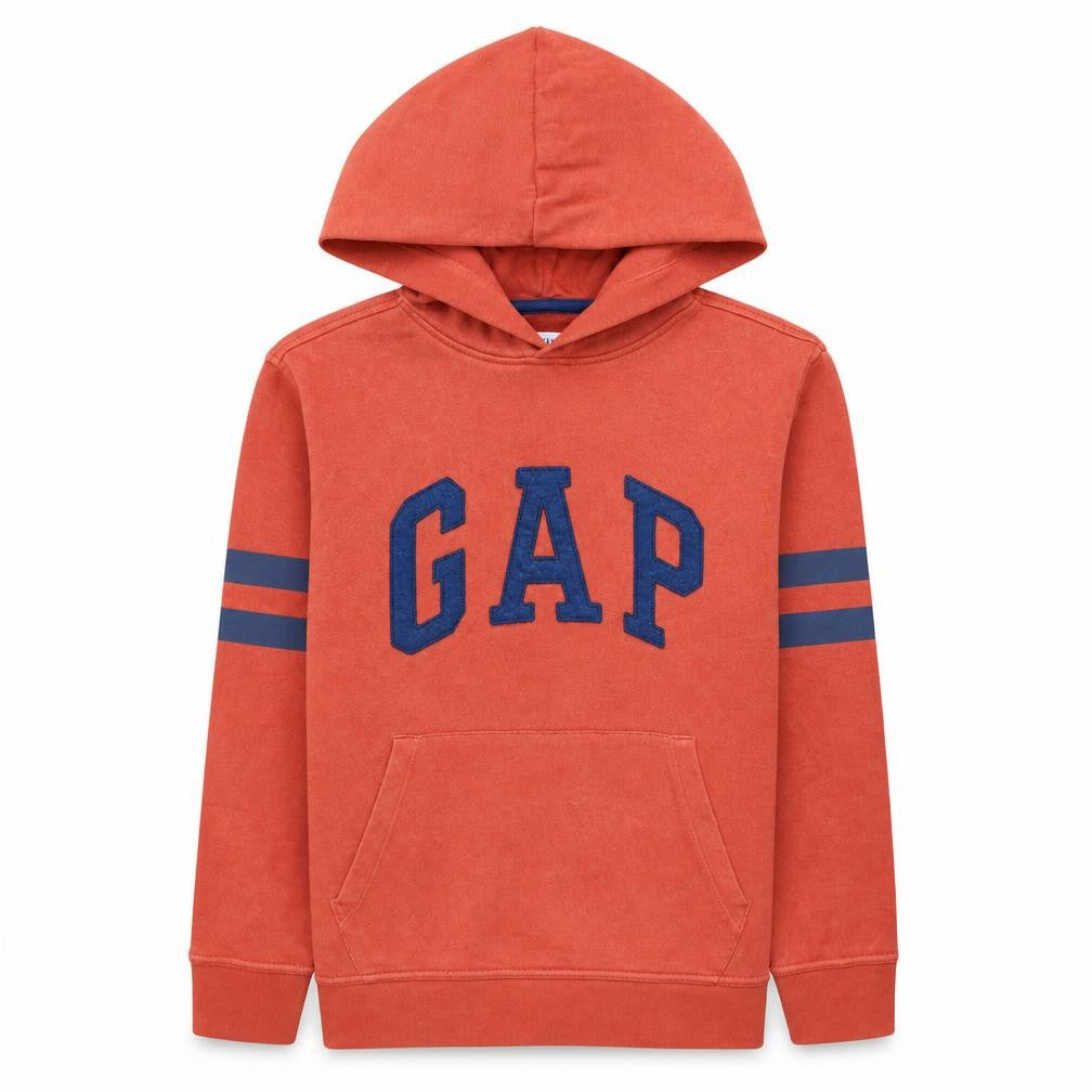 Front view of Gap boys’ orange pullover hoodie xl 12-13 years cotton fleece logo sweatshirt
