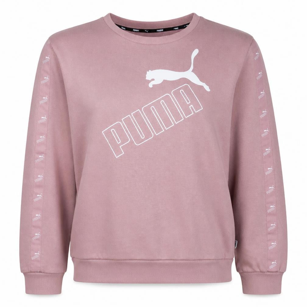 Front view of Puma Women Pink Crew Neck Pullover Sweatshirt, size 12, M Logo Print