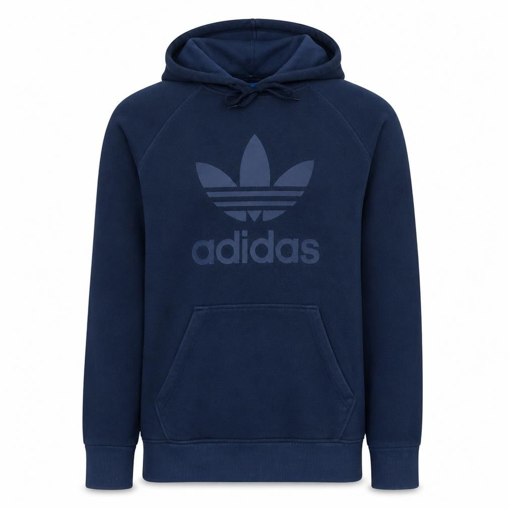 Front view of Adidas Men's Blue Pullover Hoodie, size M, Logo Sports Sweatshirt