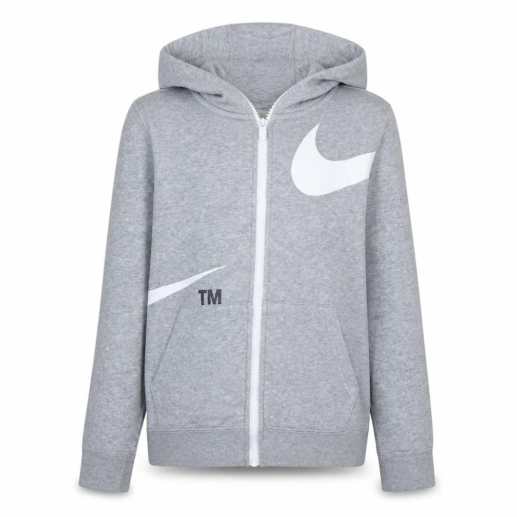 Front view of Nike boys’ grey full zip hoodie xl fleece logo sweatshirt
