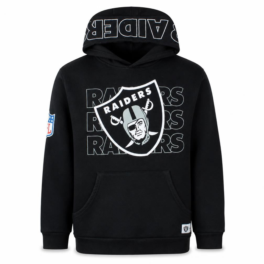 Front view of NFL Raiders boys’ black pullover hoodie 12-13 years hooded fleece sweatshirt