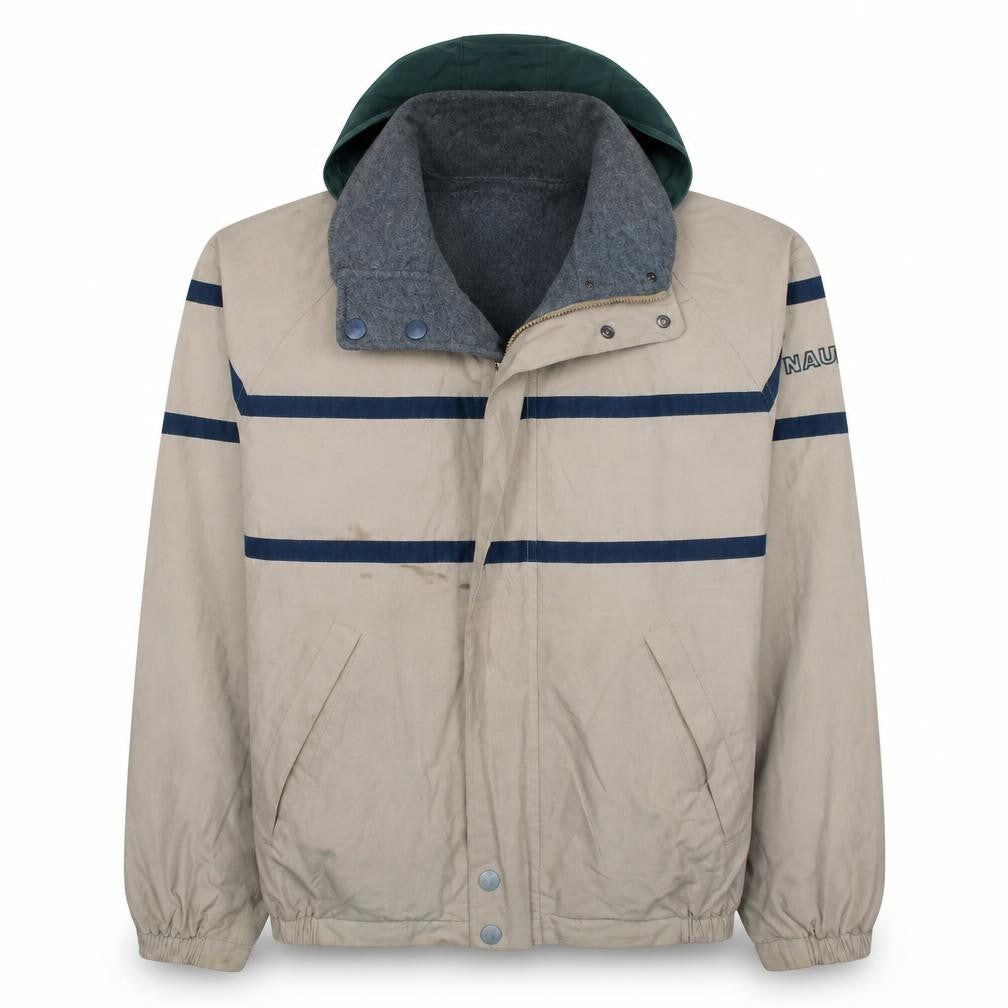 Nautica Men's Beige Windbreaker Jacket L Hooded Full Zip Fleece Lined