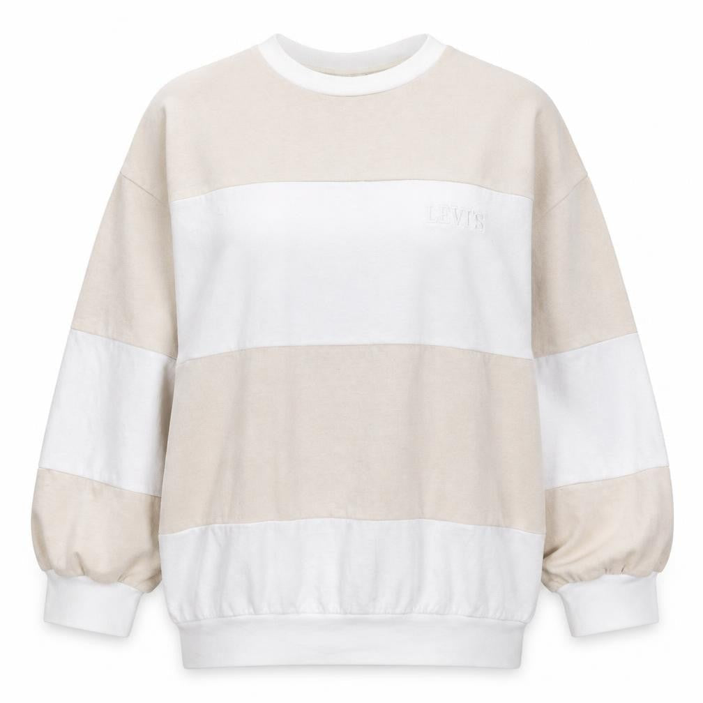 Front view of Adidas Women Beige White Crew Neck Pullover Sweatshirt, size L, Cotton Blend