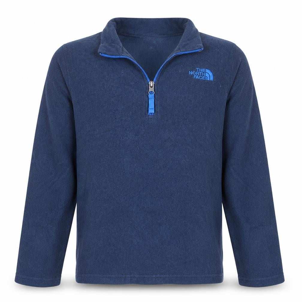Front view of The North Face boys’ blue fleece 1/4 zip pullover sweatshirt, size L