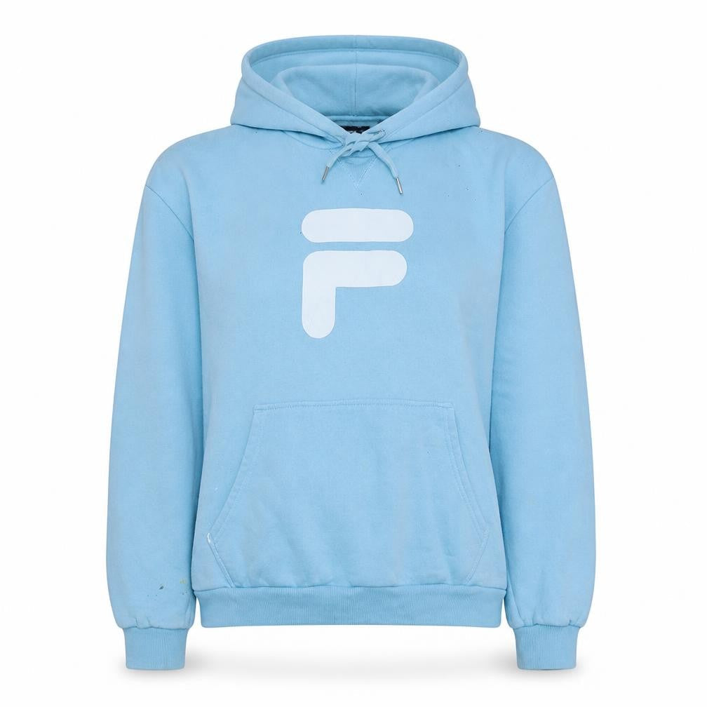Front view of Fila women’s blue pullover hoodie, size M, logo casual sweatshirt