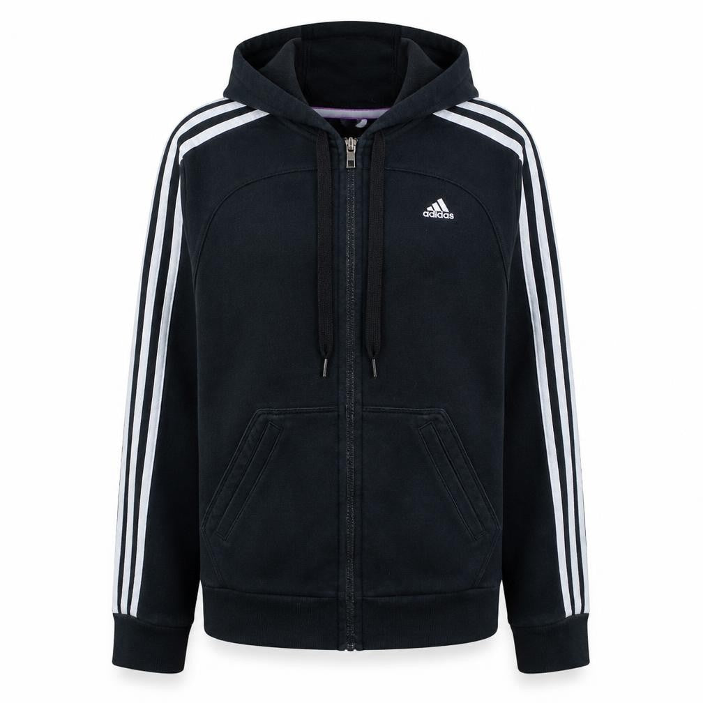 Front view of Adidas women’s black full zip hoodie m essentials 3-stripes sportswear