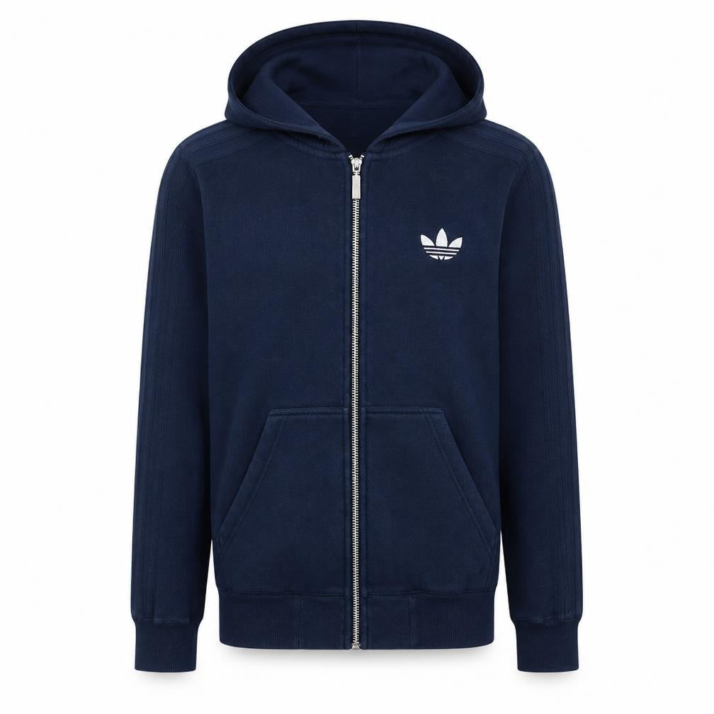 Front view of Adidas Men's Blue Full Zip Hoodie, size S, Regular Fit