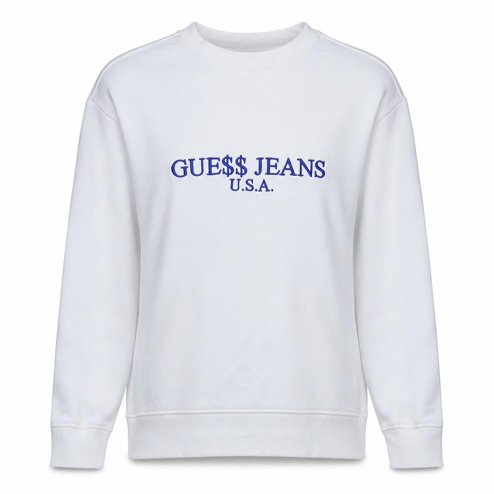 Front view of Guess Jeans U.S.A. White Logo Embroidered Sweatshirt women’s small