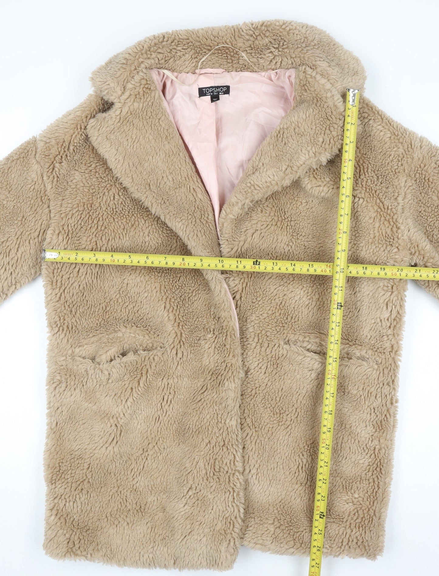 Topshop Women's Beige Faux Fur Mid-Length Coat Size 6