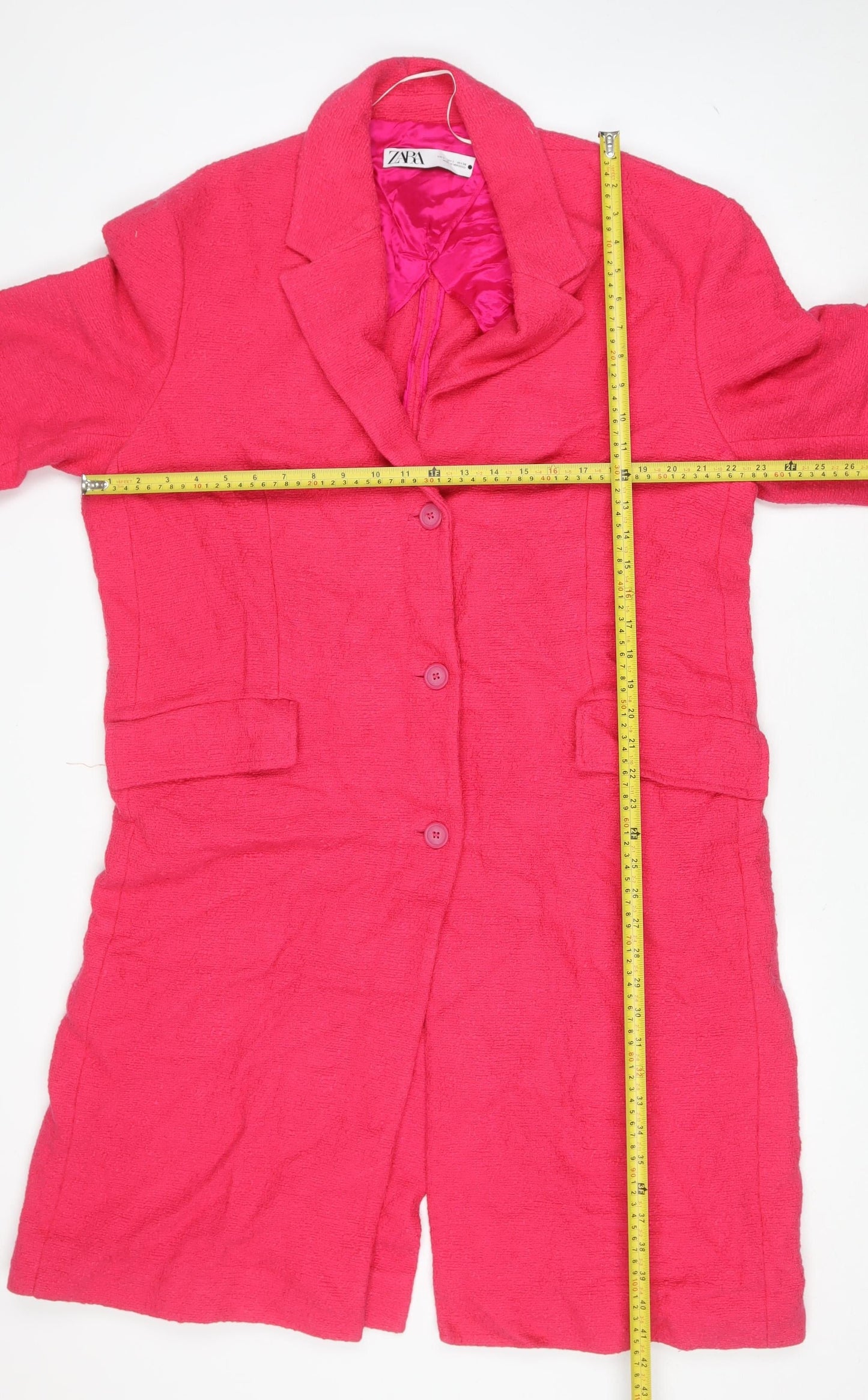 Zara Women Pink Long Tweed Overcoat Size 14 Buttoned Lined