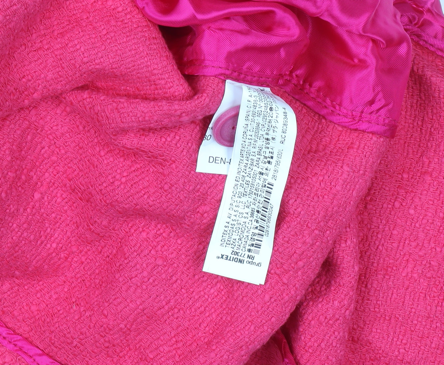 Zara Women Pink Long Tweed Overcoat Size 14 Buttoned Lined