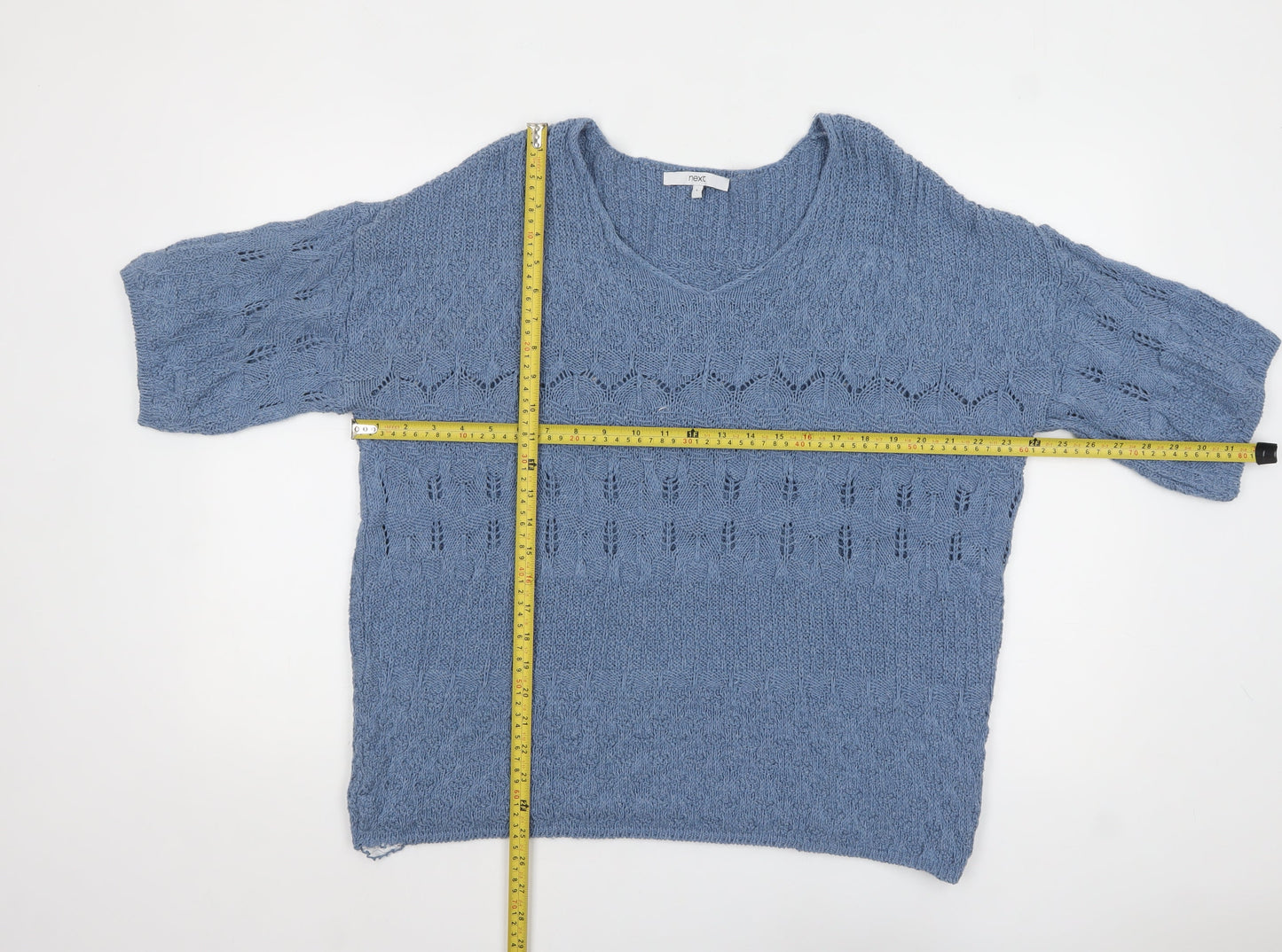 Next Women Blue Knit V-Neck Short Sleeve Pullover Jumper L