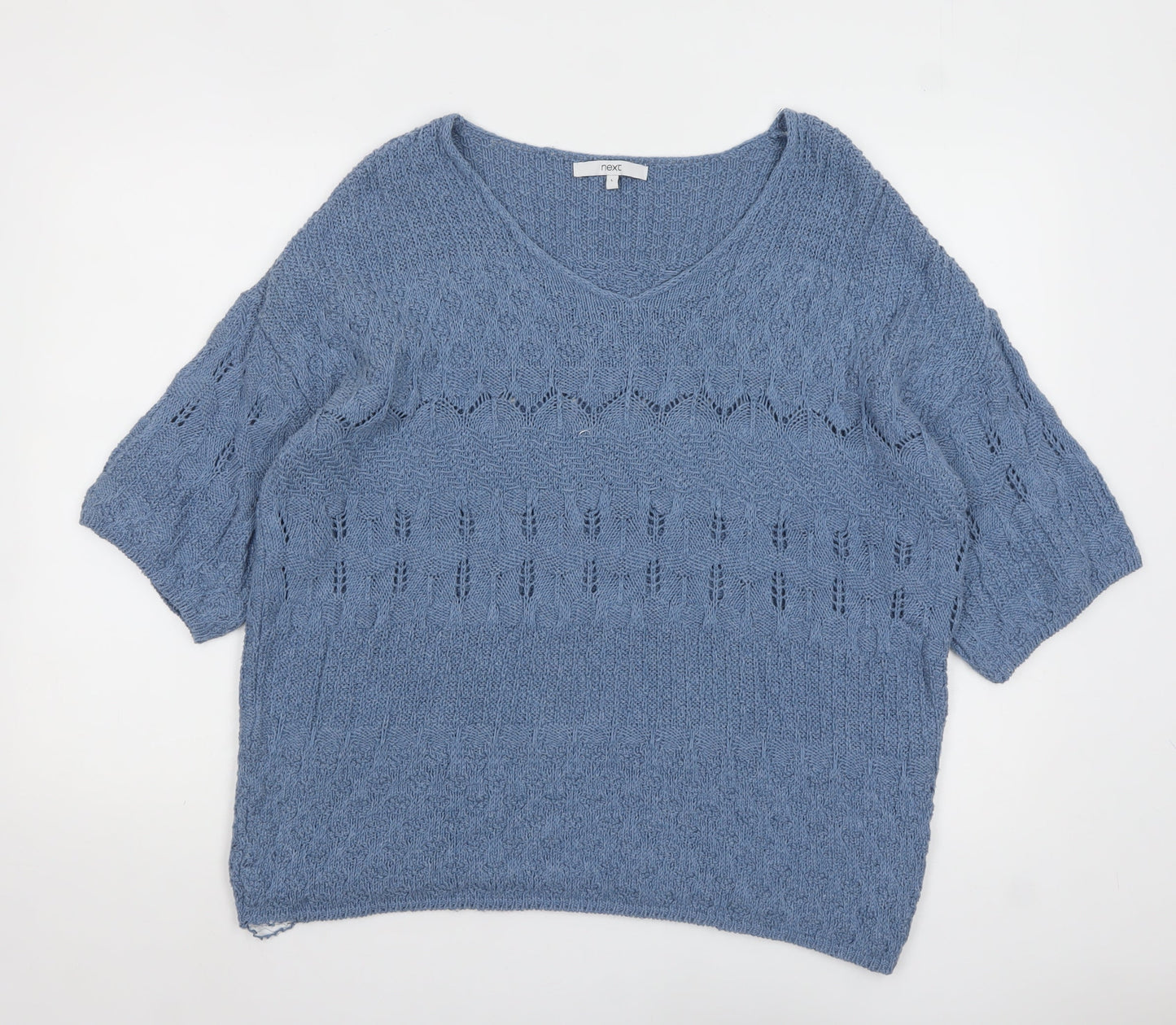 Next Women Blue Knit V-Neck Short Sleeve Pullover Jumper L