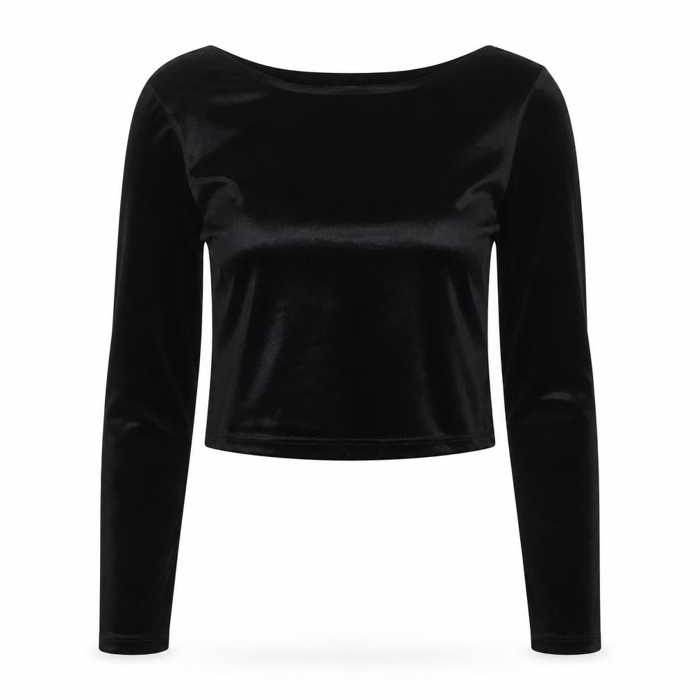 Pull&Bear Women's Black Velvet Cropped Long Sleeve Blouse Size 12