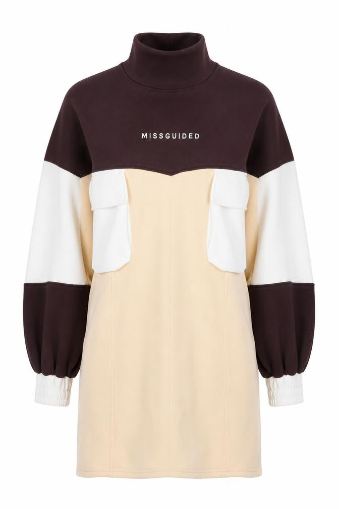 Front view of Missguided Women’s Beige Colourblock T-Shirt Dress UK 8 Tall