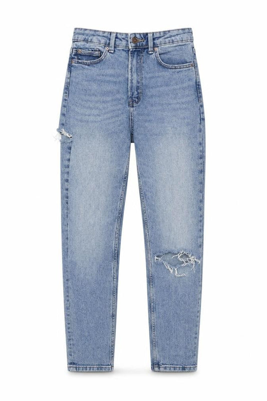 Stradivarius Women’s Blue High Rise Mom Slim Fit Distressed Jeans UK 8