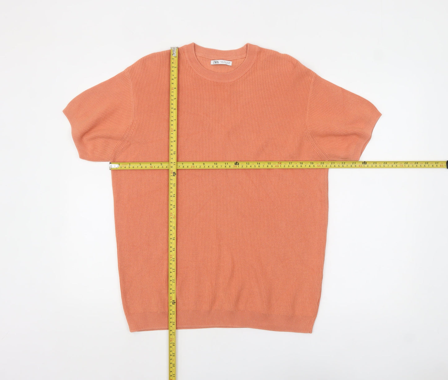 Zara Men’s Orange Ribbed Knit Cotton Crew Neck T-Shirt Size S