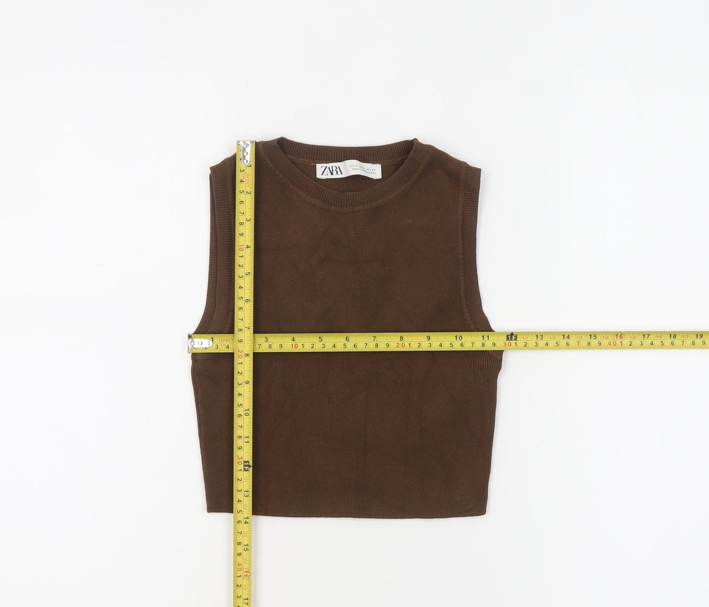 Zara Women Brown Cropped Ribbed Knit Tank Top Size S