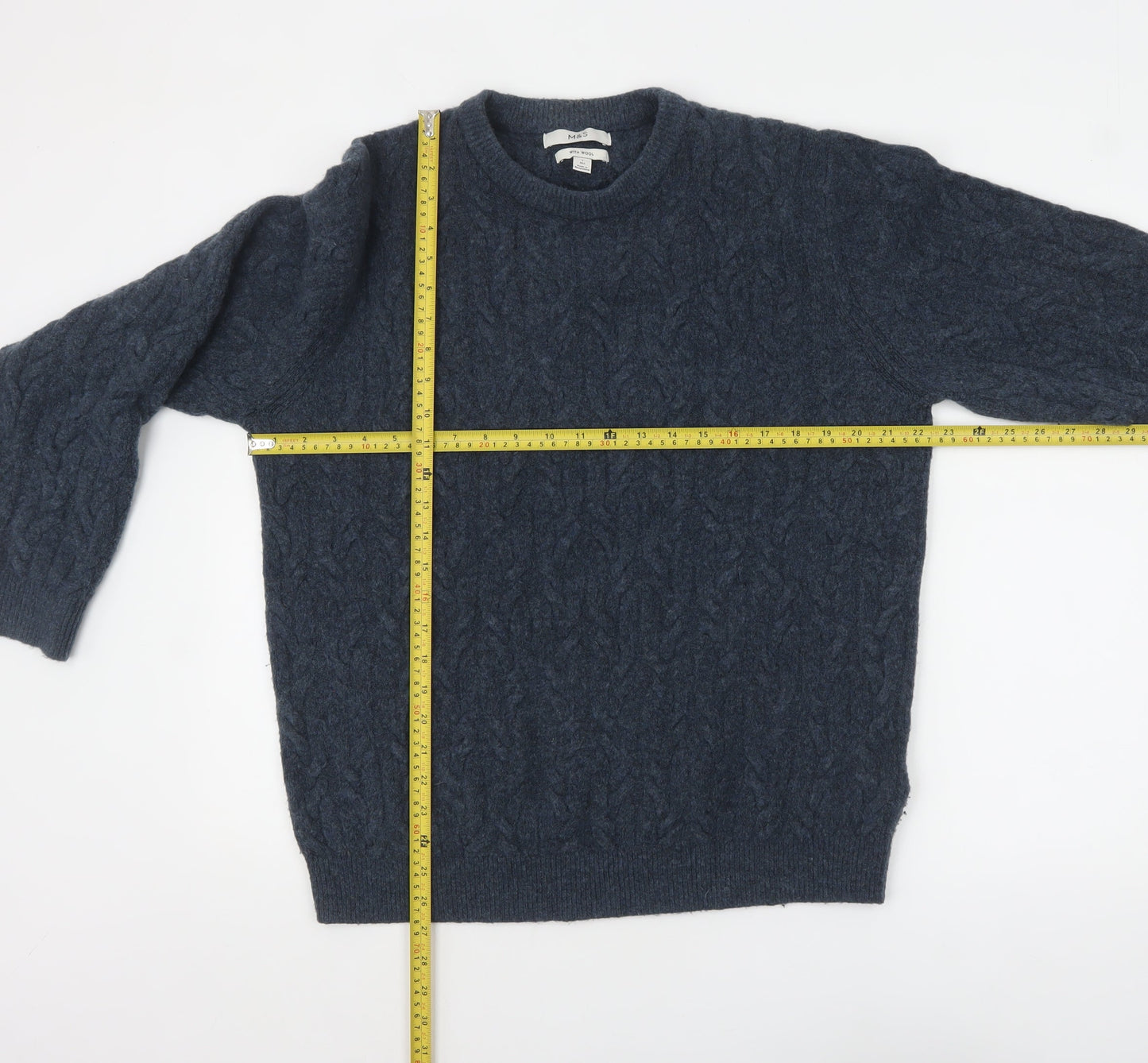 Marks and Spencer Men's Blue Cable Knit Wool Blend Jumper Size L