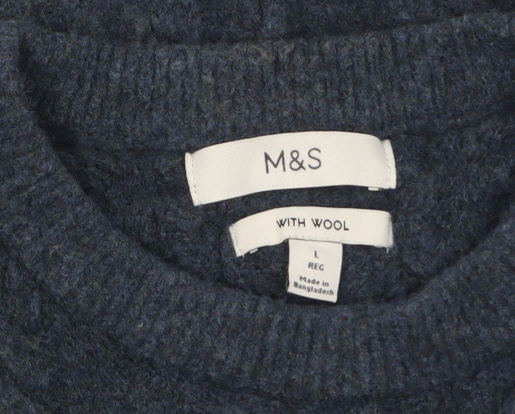 Marks and Spencer Men's Blue Cable Knit Wool Blend Jumper Size L
