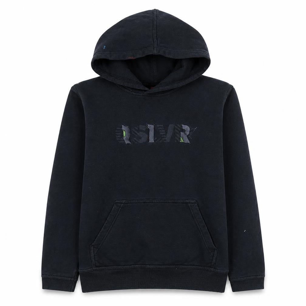 Front view of Quiksilver boys’ black hoodie pullover fleece graphic print, size 14, years