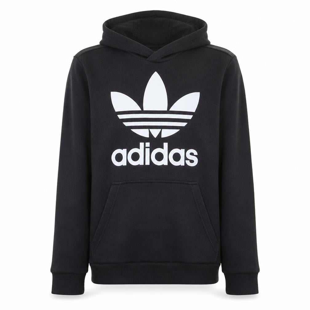 Front view of Adidas boys’ black hoodie 13-14 years pullover fleece trefoil logo