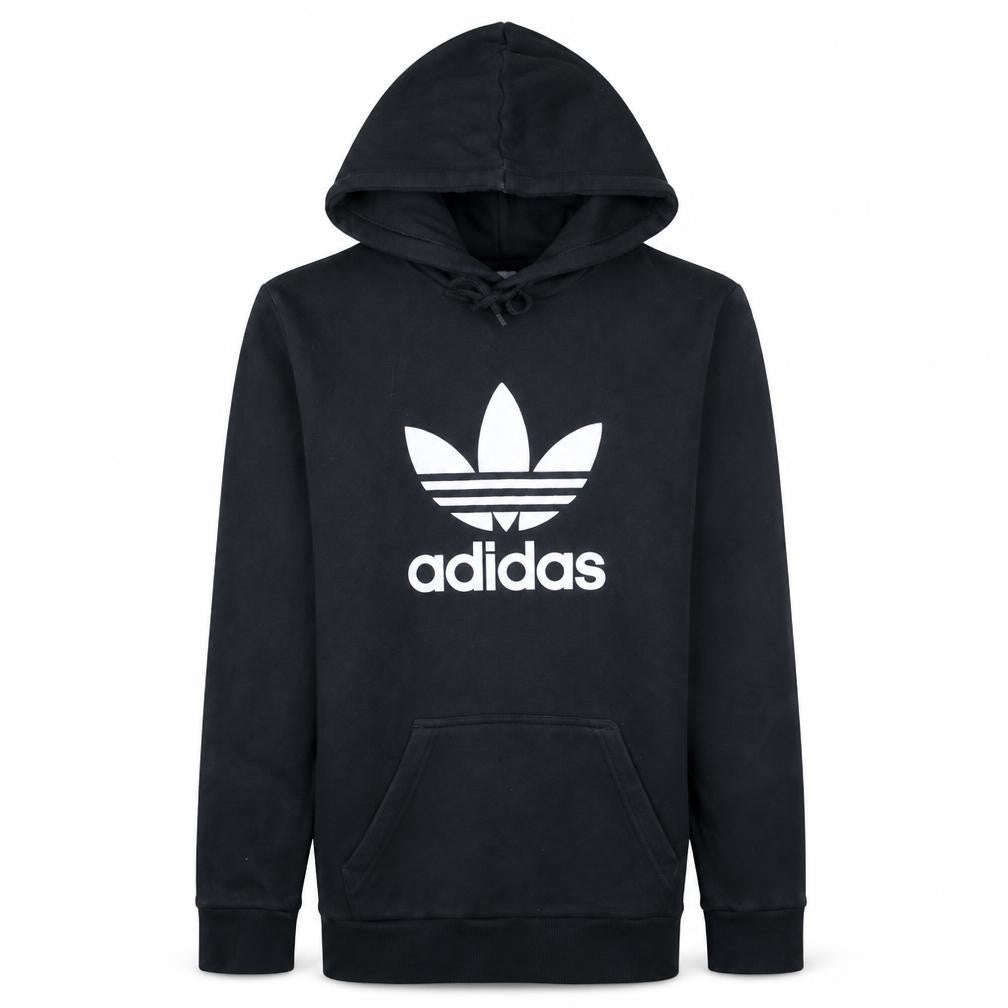 Front view of Adidas Men's Black XS Pullover Hoodie with Logo, Regular Fit