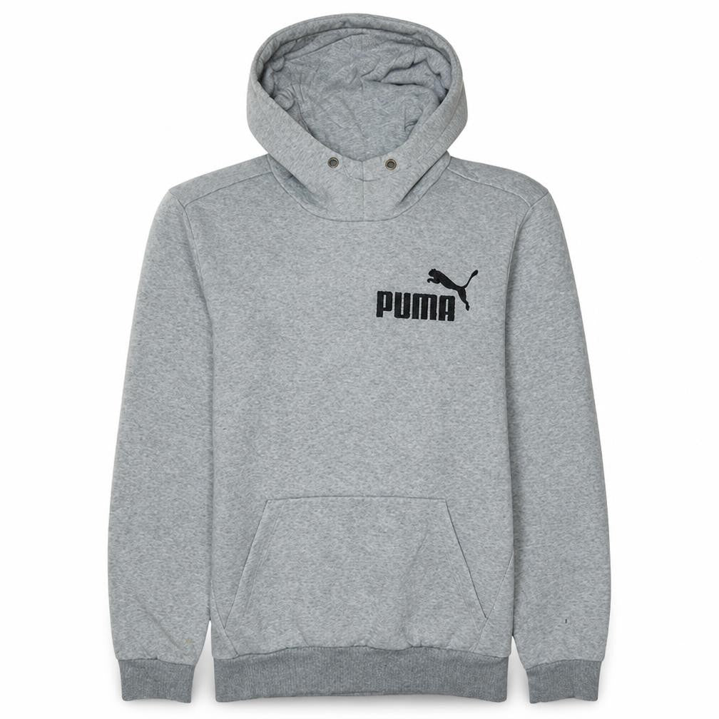 Front view of Puma men’s grey pullover hoodie small logo fleece sweatshirt