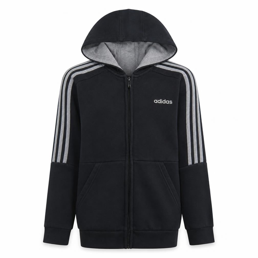 Front view of adidas boys’ black full zip hoodie, size 11-12, years sports casual sweatshirt