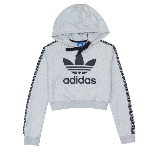 Adidas Womens Grey Crop Hoodie XS Logo Tape Sleeve Hooded Sweatshirt