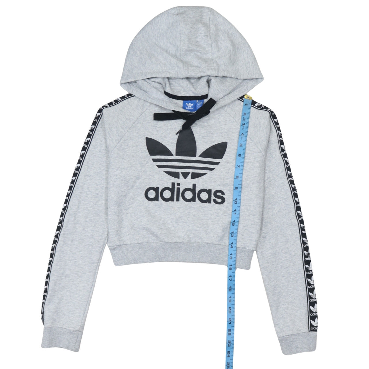 Adidas Womens Grey Crop Hoodie XS Logo Tape Sleeve Hooded Sweatshirt