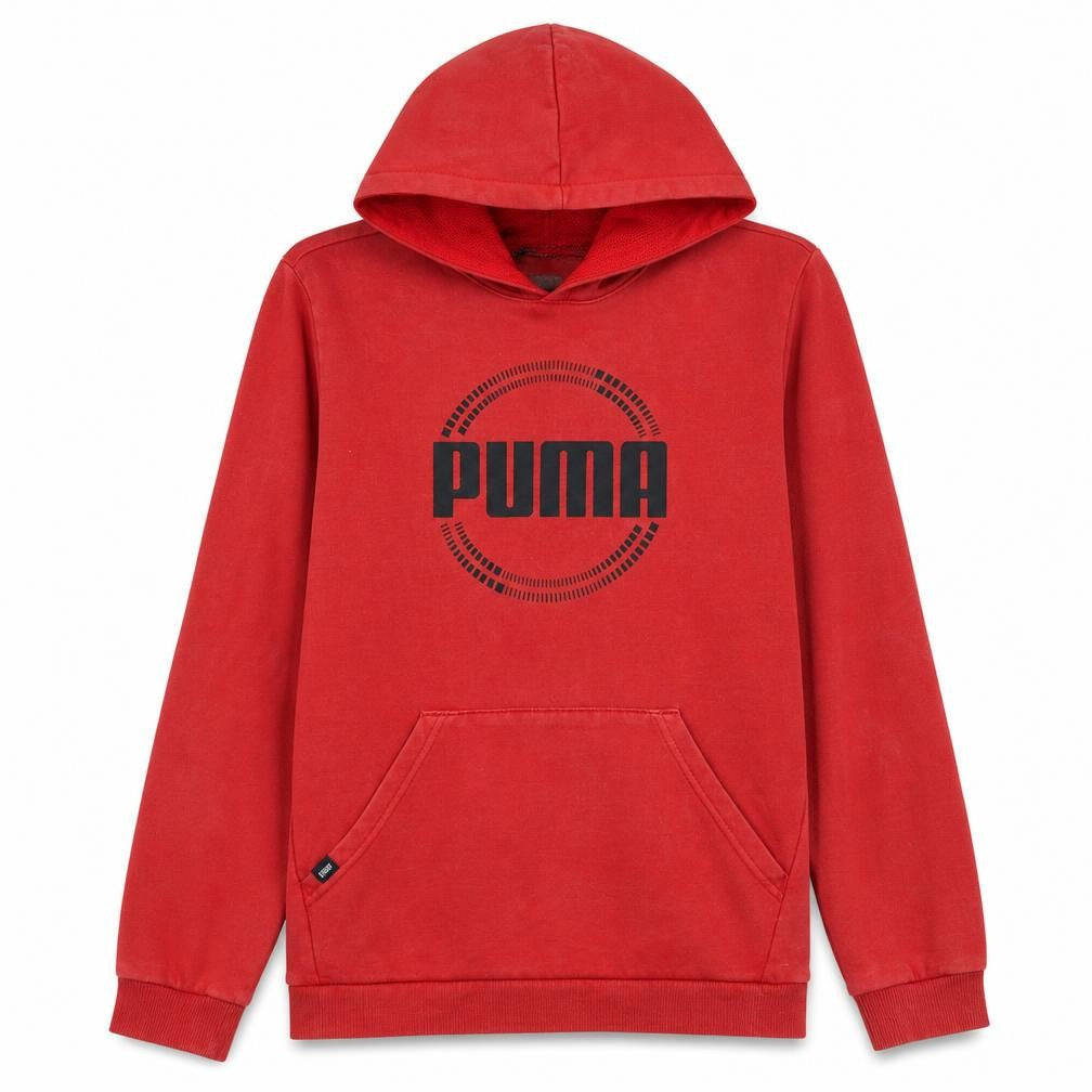 Front view of Puma boys’ red pullover hoodie 15-16 years fleece graphic print sweatshirt
