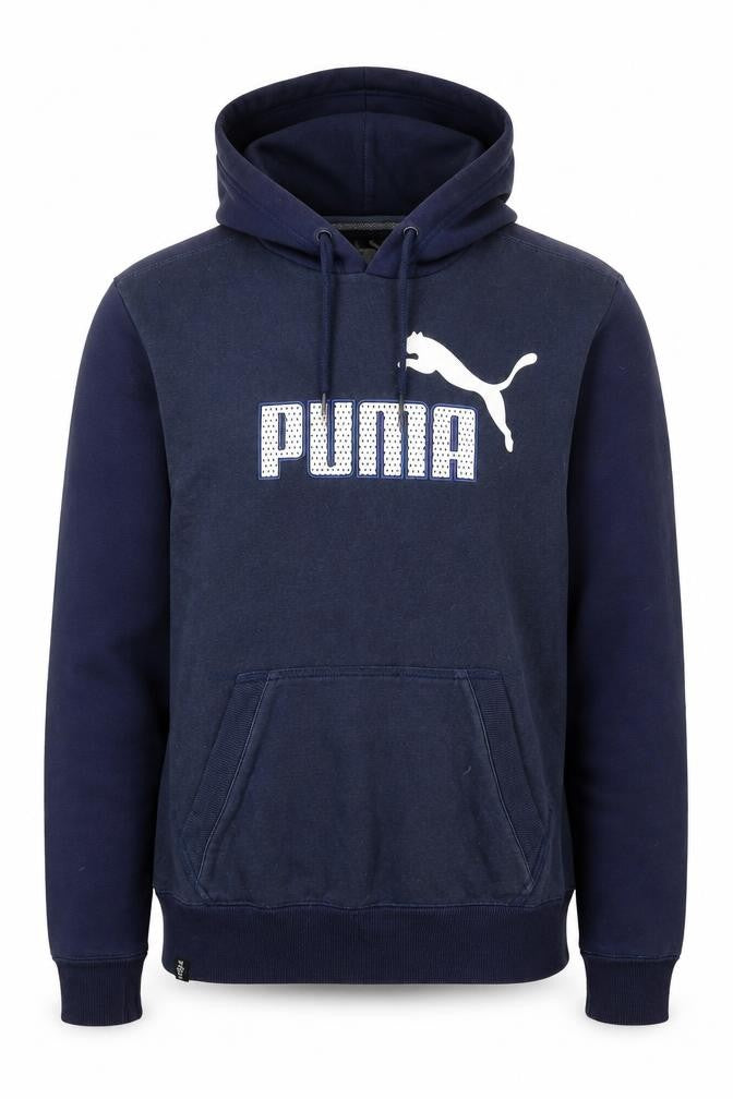 Front view of Puma Men's Blue Pullover Hoodie, size M, Graphic Sports Fleece