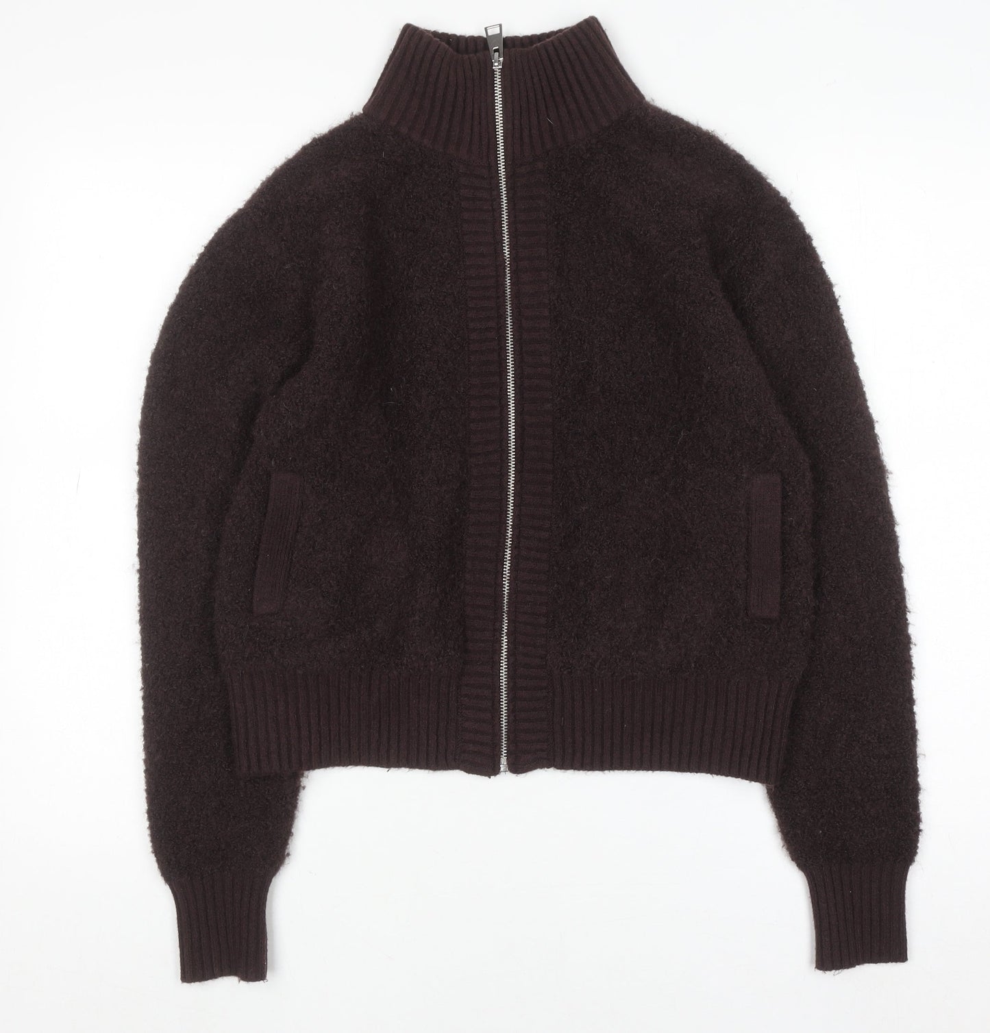 Marks and Spencer Women Brown Full Zip High Neck Wool Blend Jumper S