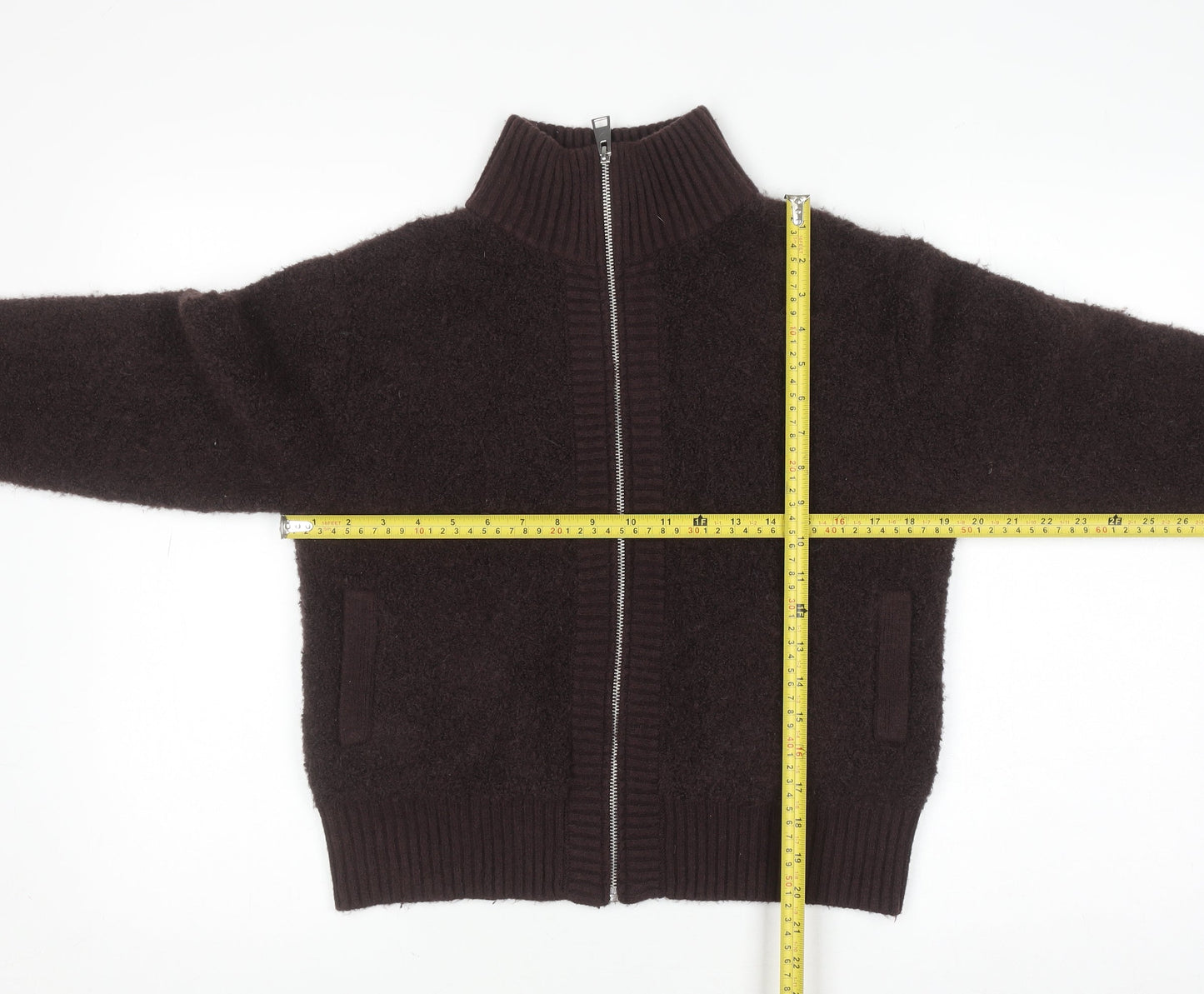 Marks and Spencer Women Brown Full Zip High Neck Wool Blend Jumper S