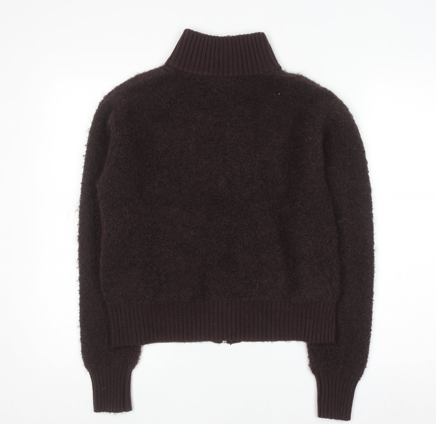 Marks and Spencer Women Brown Full Zip High Neck Wool Blend Jumper S