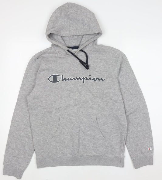Champion Mens Grey Pullover Hoodie Medium Logo Print Sweatshirt