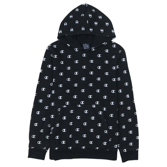 Champion Boys Black 13-14 Years Pullover Hoodie All Over Logo Print