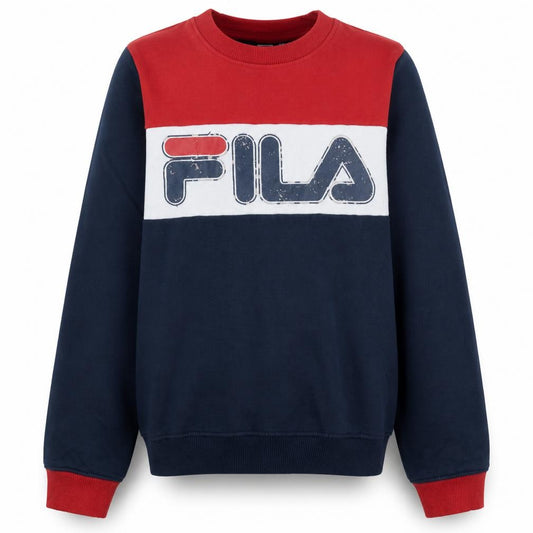 FILA Boys Blue Red Colourblock Sweatshirt 164cm Cotton Blend Logo Crew Neck