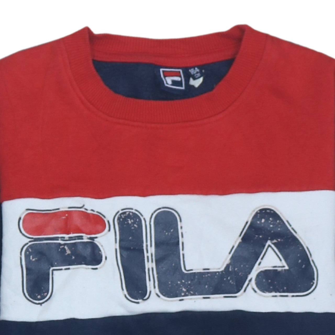 FILA Boys Blue Red Colourblock Sweatshirt 164cm Cotton Blend Logo Crew Neck