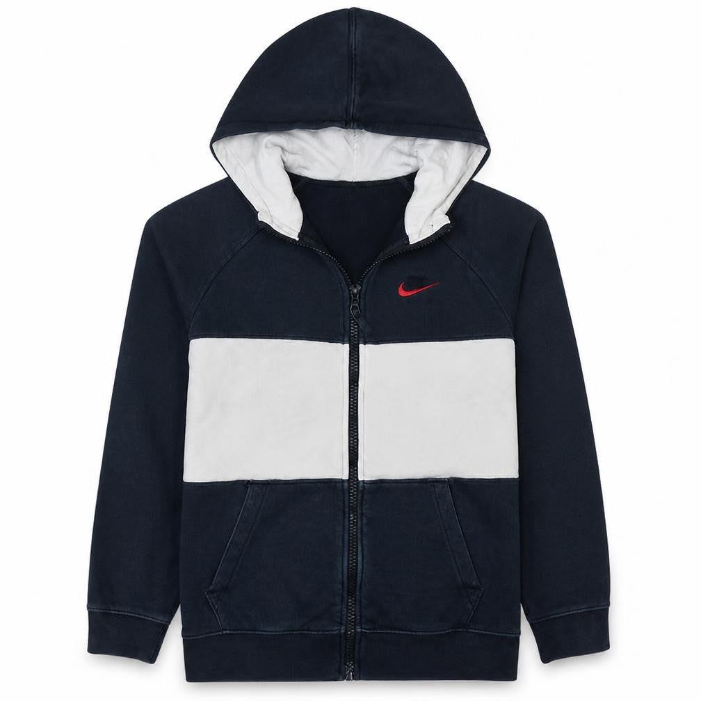 Front view of Nike boys’ black and white full zip hoodie xl 158-170cm logo hooded sweatshirt