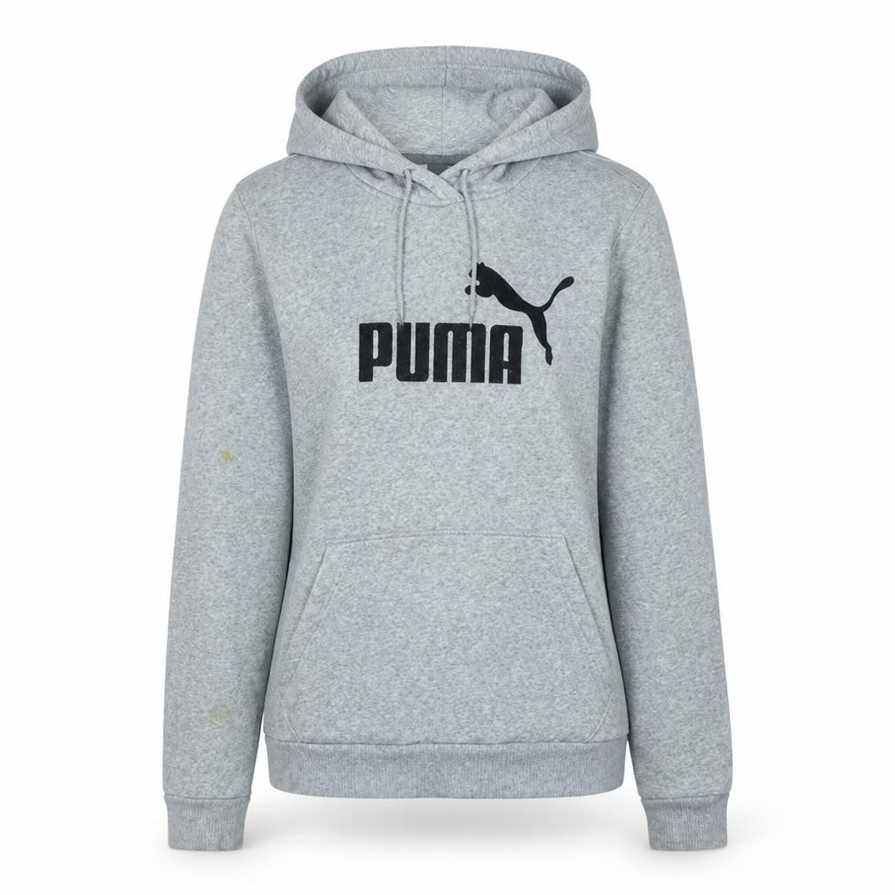 Front view of Puma women’s grey pullover hoodie, size UK 12, graphic logo casual