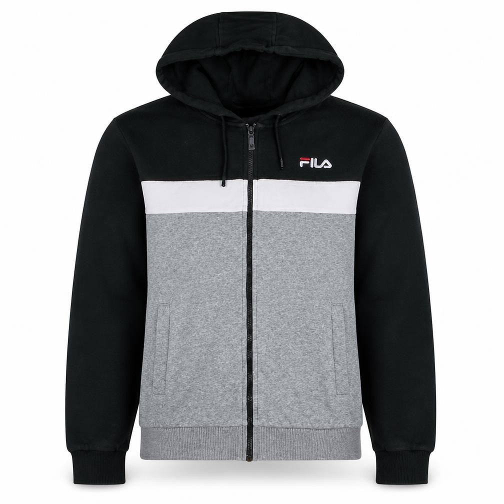Front view of Fila Men's Grey Black Full Zip Hoodie, size M