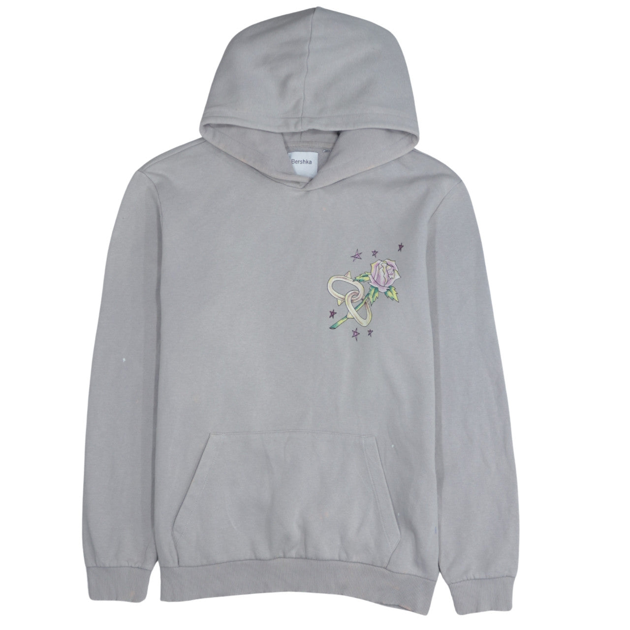 Bershka Men's Grey Pullover Hoodie L Romantic Skull Graphic