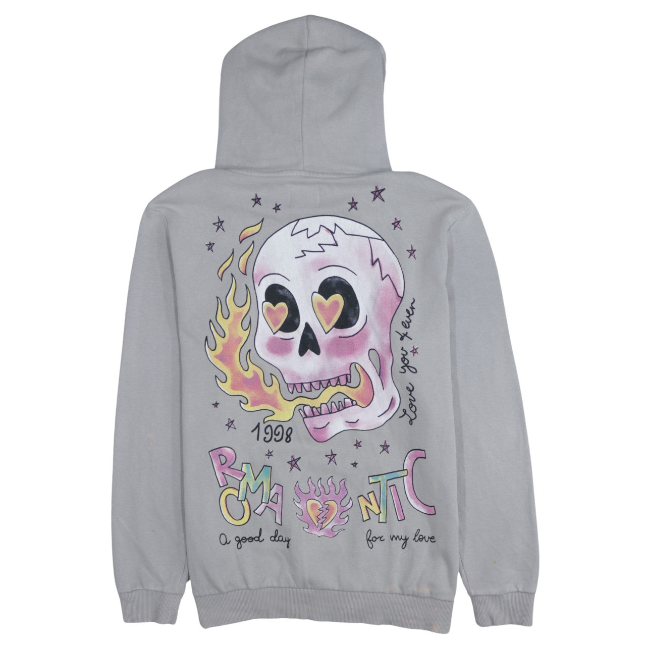 Bershka Men's Grey Pullover Hoodie L Romantic Skull Graphic