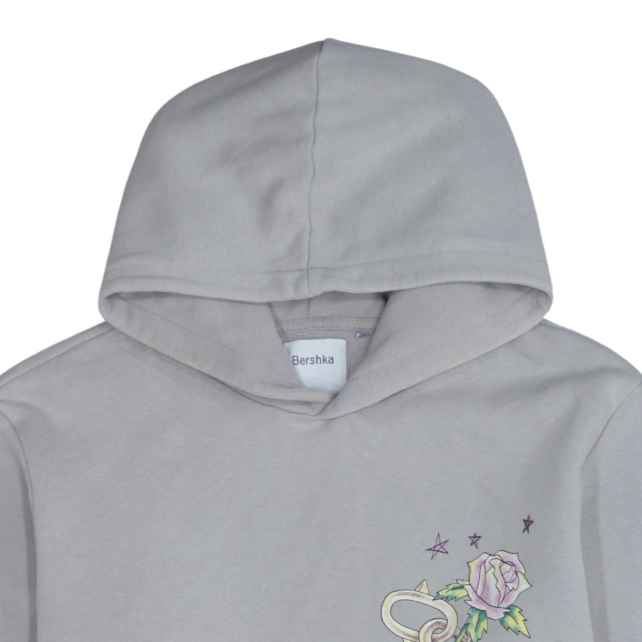 Bershka Men's Grey Pullover Hoodie L Romantic Skull Graphic
